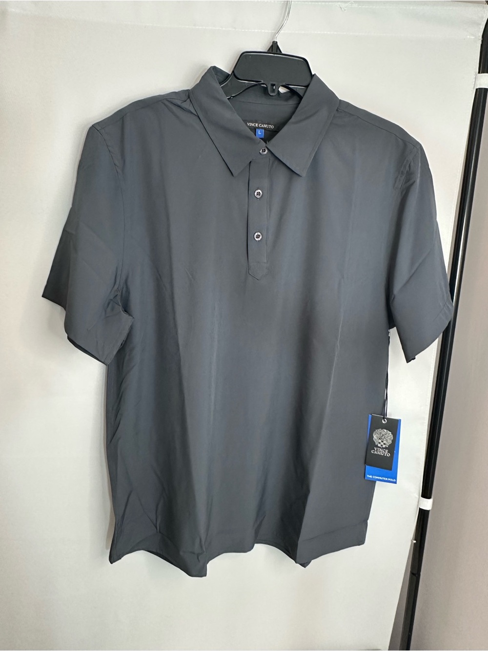 Vince Camuto Men Short Sleeve Polo Shirt Sz L Charcoal Gray Button Up Casual New